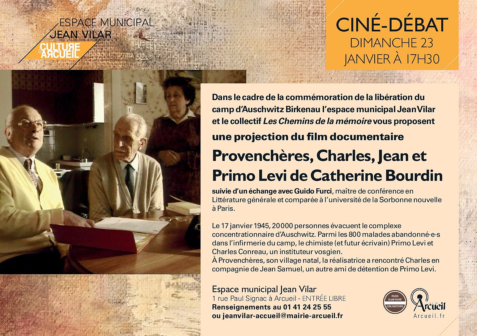 Ciné-débat »Provenchères, Charles, Jean et Primo Levi » – Dimanche 23 janv.  – Espace Jean Vilar à Arcueil